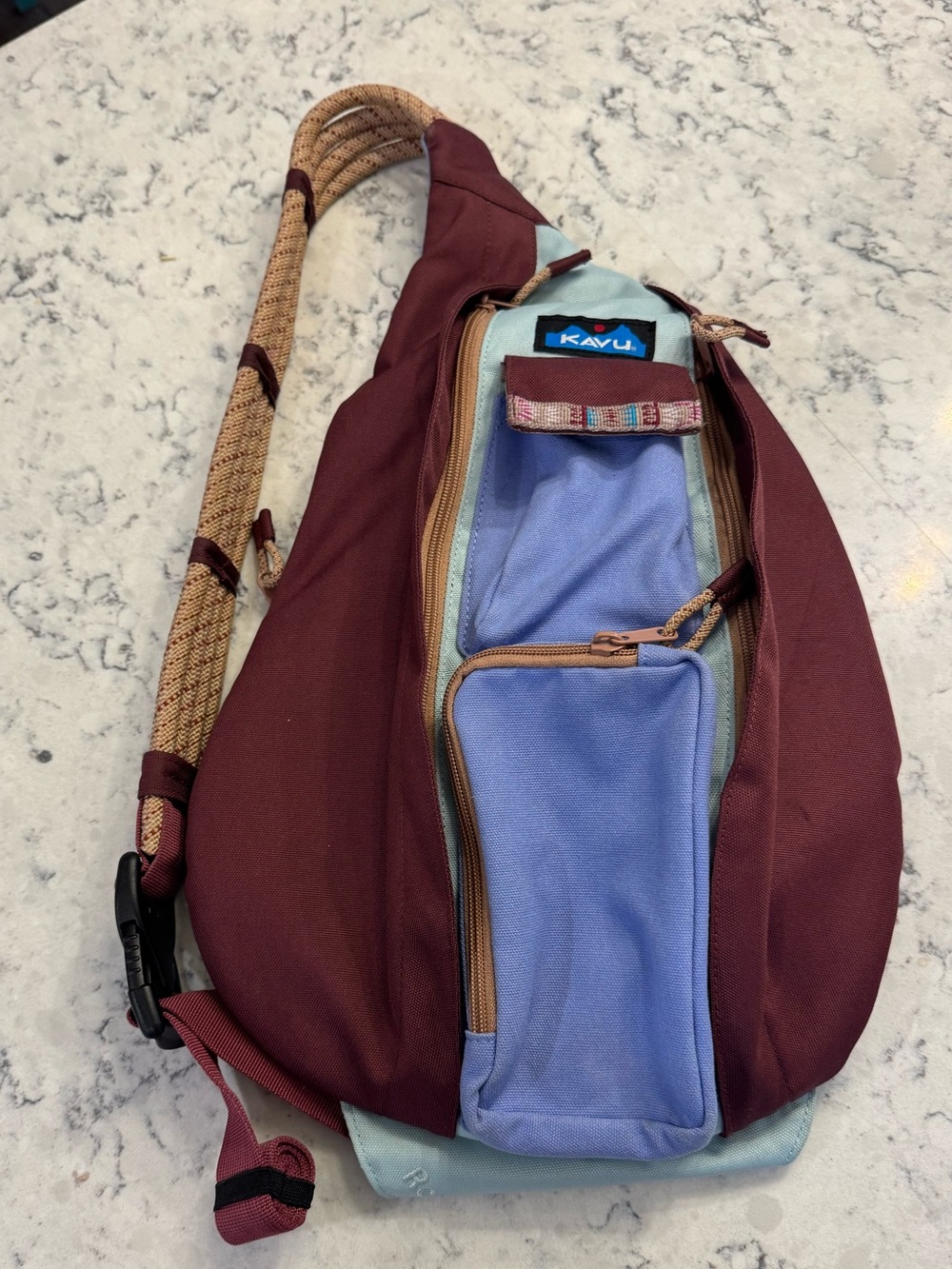 Kavu Burgandy, Lavender, Tan Sling Bag. Great design/function. Like new EUC